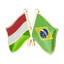 A pin badge featuring the flags of Hungary and Brazil with a green background, gold-colored edges, and the national emblems of the two countries.