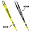A collection of yellow and black lanyards with various humorous text designs, including 'Caution! Insanely Funny Lanyard' and 'Video Gaming Queen'. One lanyard features a detachable buckle.