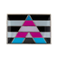 A rectangular pin badge featuring a geometric pattern with transgender flag colors: pink, blue, black, and teal, on a silver-colored background.