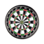 A pin badge with a dart board design, featuring black, green, red, and white colors.