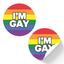 Two round stickers with a rainbow color background and the text 'I'M GAY' in capital letters in the center. © Tigoli® 2026 All Rights Reserved Panda Loco Ltd