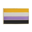 A non-binary rectangle pin badge with yellow, purple, and black horizontal stripes, featuring a brass plated iron and hard enamel finish. © Tigoli® 2026 All Rights Reserved Panda Loco Ltd