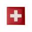 A red enamel pin badge shaped like the Swiss flag, with a white cross on it, attached to a brass plated metal butterfly clutch. © Tigoli® 2026 All Rights Reserved Panda Loco Ltd