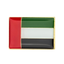 A rectangular pin badge featuring the flag colors of the United Arab Emirates with a gold, green, white, and black design, and a brass plated iron butterfly clutch. © Tigoli® 2026 All Rights Reserved Panda Loco Ltd