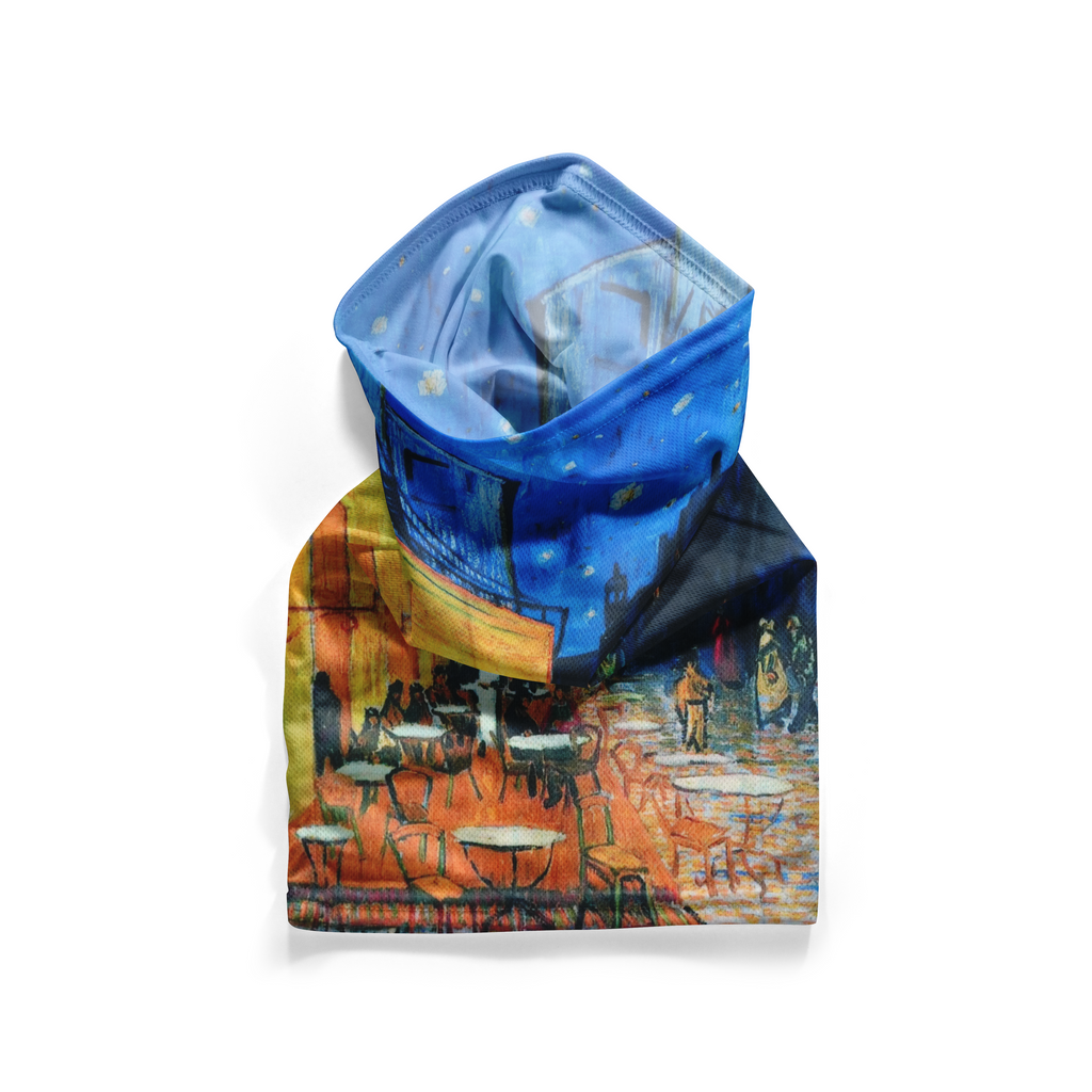 Cubrecuellos con estampado de "Terraza de café por la noche" – Mascarilla transpirable, tipo braga de cuello, para cubrir el rostro