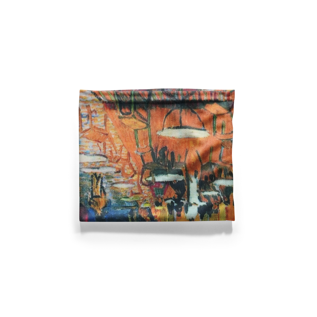 Cubrecuellos con estampado de "Terraza de café por la noche" – Mascarilla transpirable, tipo braga de cuello, para cubrir el rostro