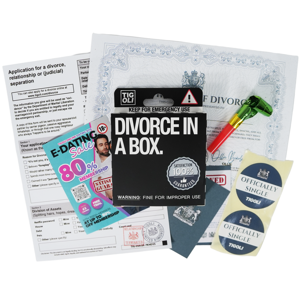 Divorce in a Box – Funny Novelty Gag Gift Set with Divorce Certificate, Application Form, Drinks Voucher, Dating Coupon, Party Horn & Stickers