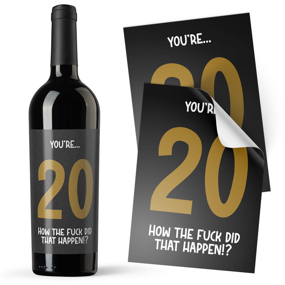 A black sticker with gold text on it, designed to be applied to an alcohol bottle, with the text 'YOU'RE. Imagen principal del producto