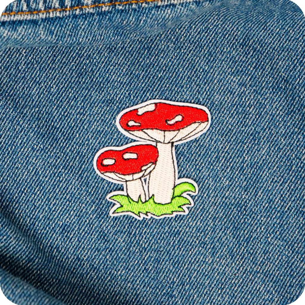 Two Red Mushrooms Toadstools Shroom Iron On Patch (5 x 5cm)
