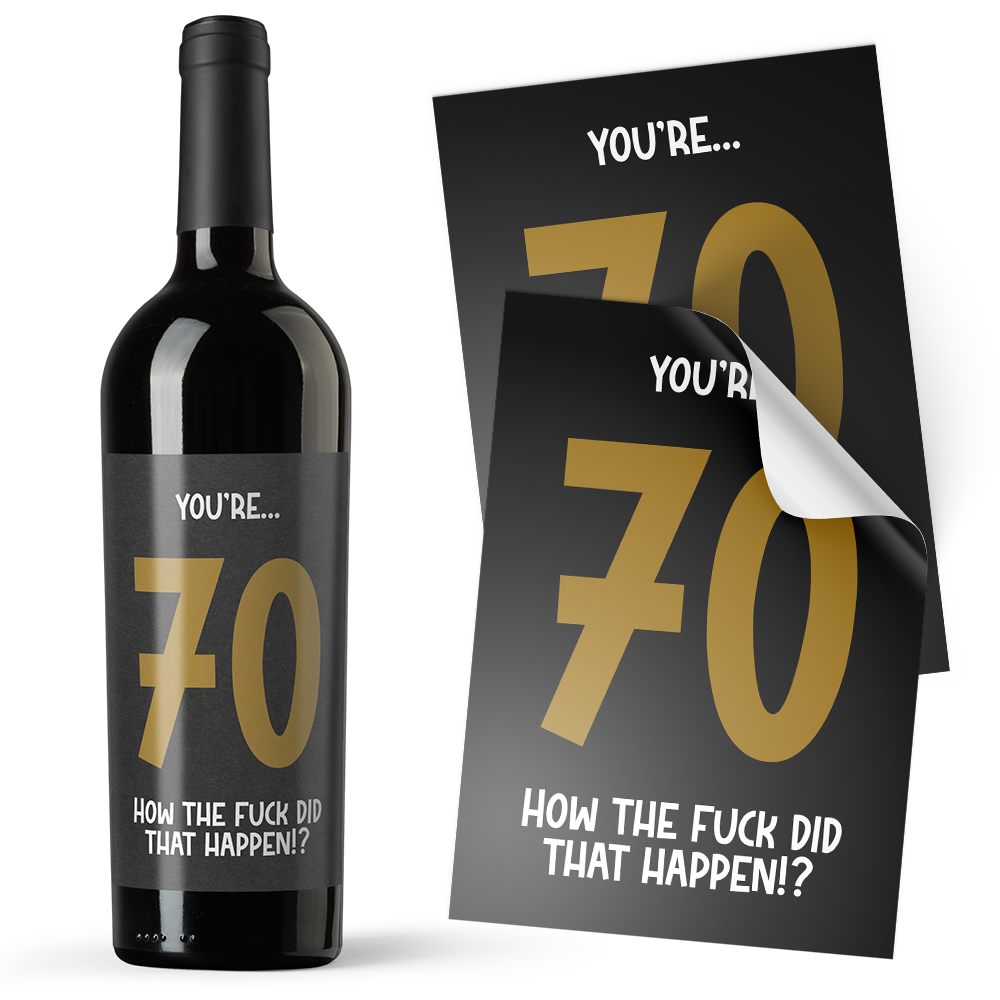 A black sticker with gold text on it, designed to be applied to an alcohol bottle, with the text 'YOU'RE.