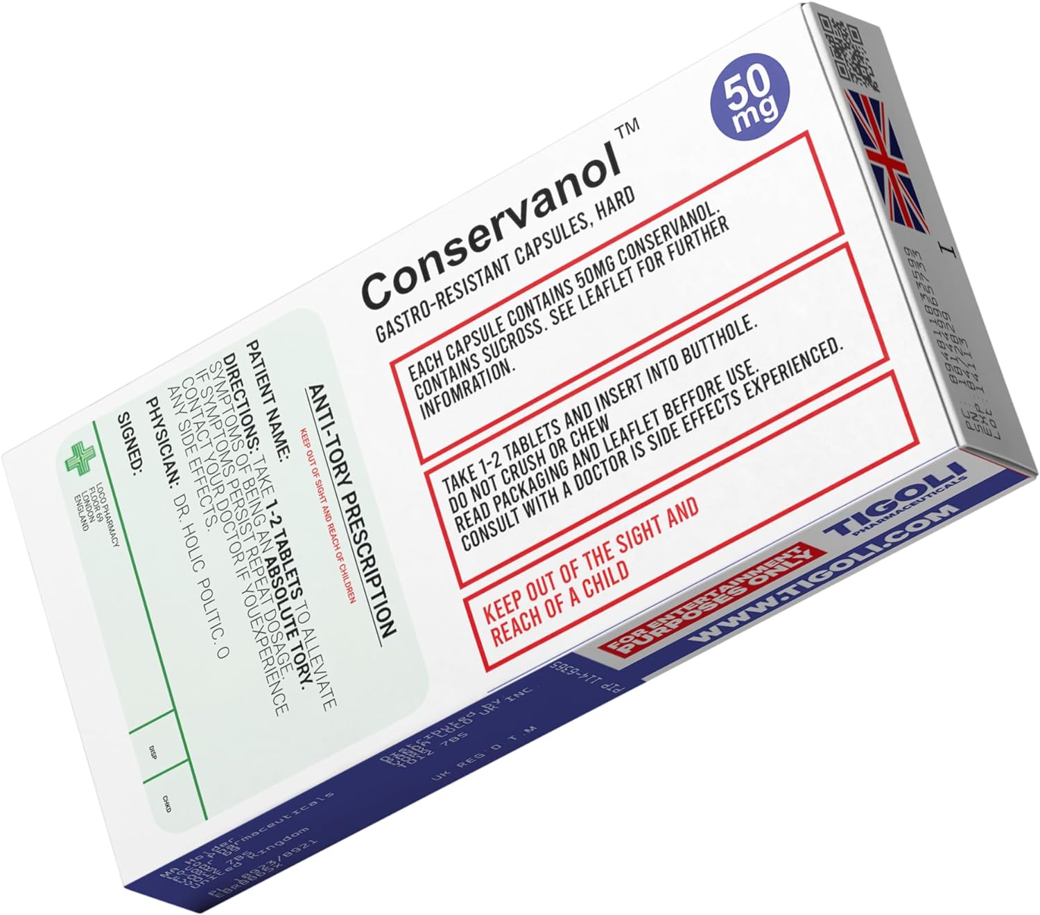 Anti-Tory Conservative Pill Medication Box Realistic Prescription Joke Gag Funny + Free Prescription Bag