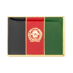 A rectangular pin badge featuring the flag colors of Afghanistan with a brass plated iron base.