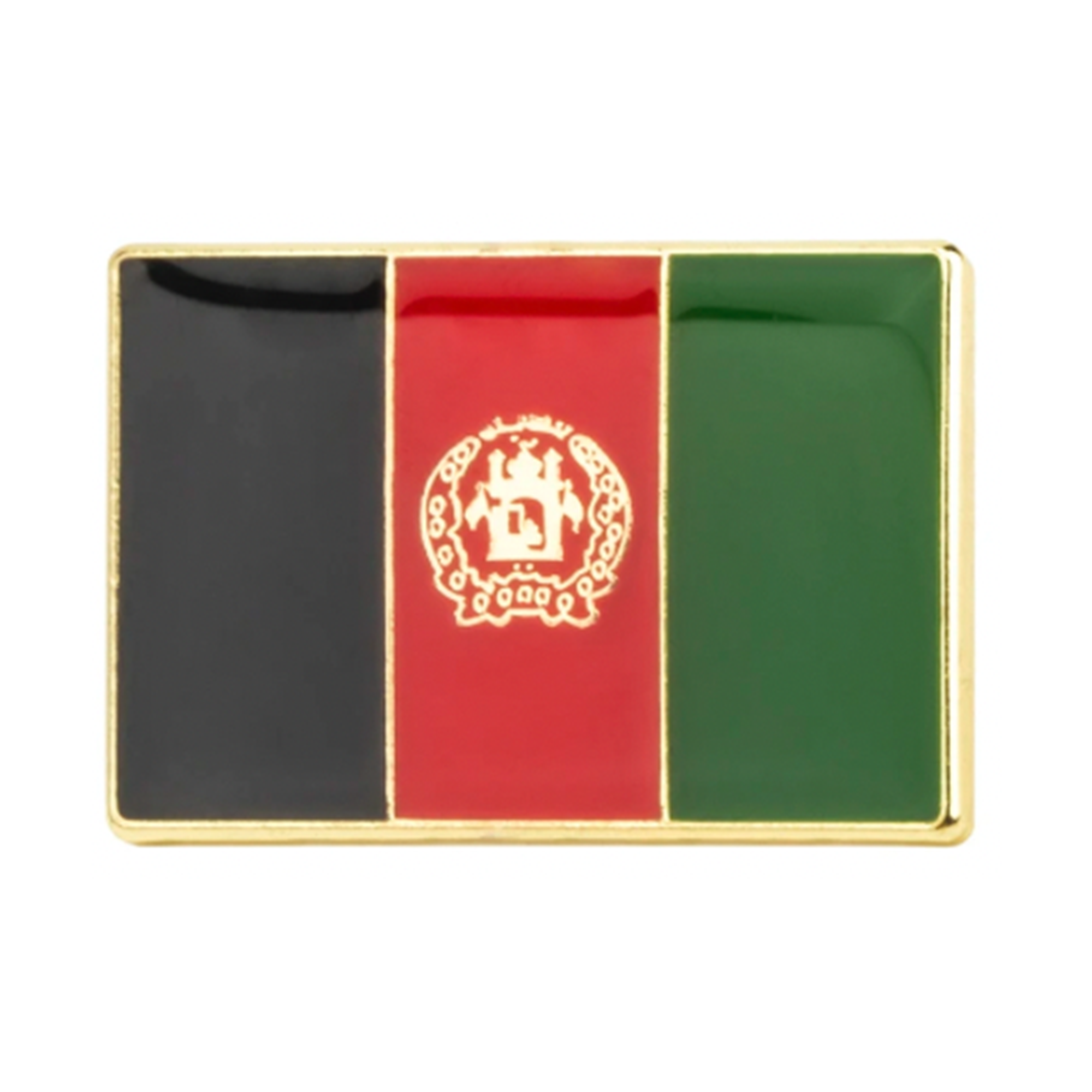 A rectangular pin badge featuring the flag colors of Afghanistan with a brass plated iron base.