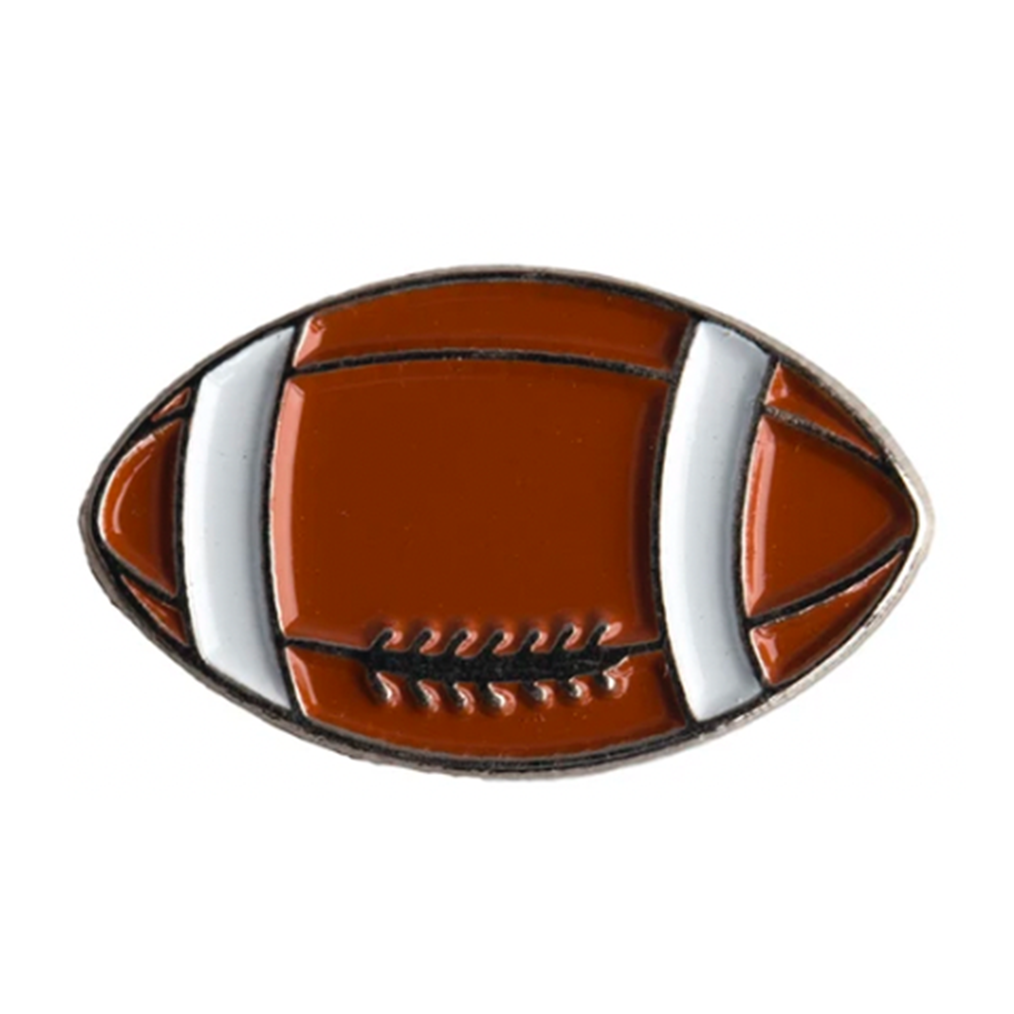A pin badge shaped like an American football with a brown background, white laces, and silver detailing. Imagen principal del producto