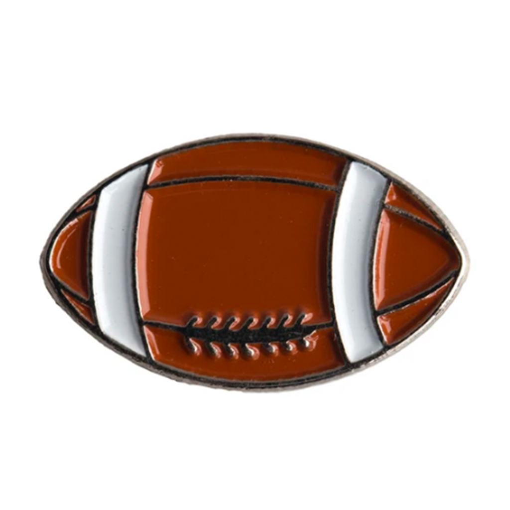 A pin badge shaped like an American football with a brown background, white laces, and silver detailing.