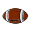 A pin badge shaped like an American football with a brown background, white laces, and silver detailing.