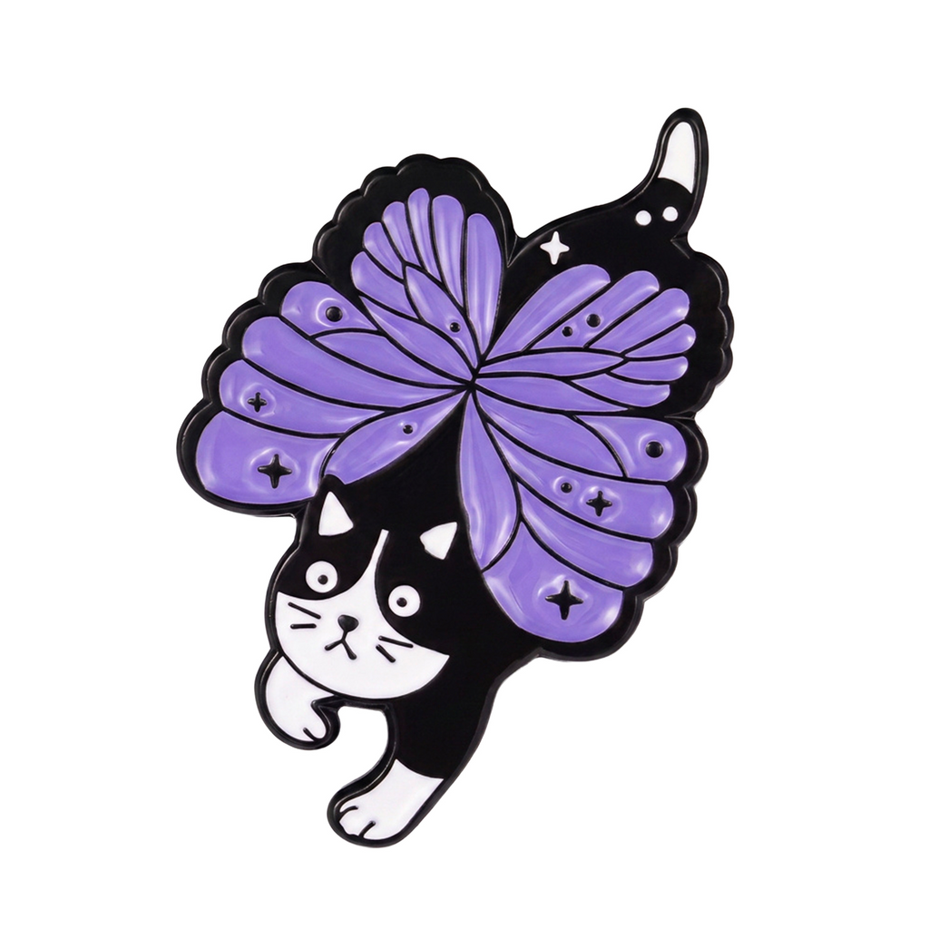 Black and White Cat Butterfly Wings Enamel Lapel Pin Badge
