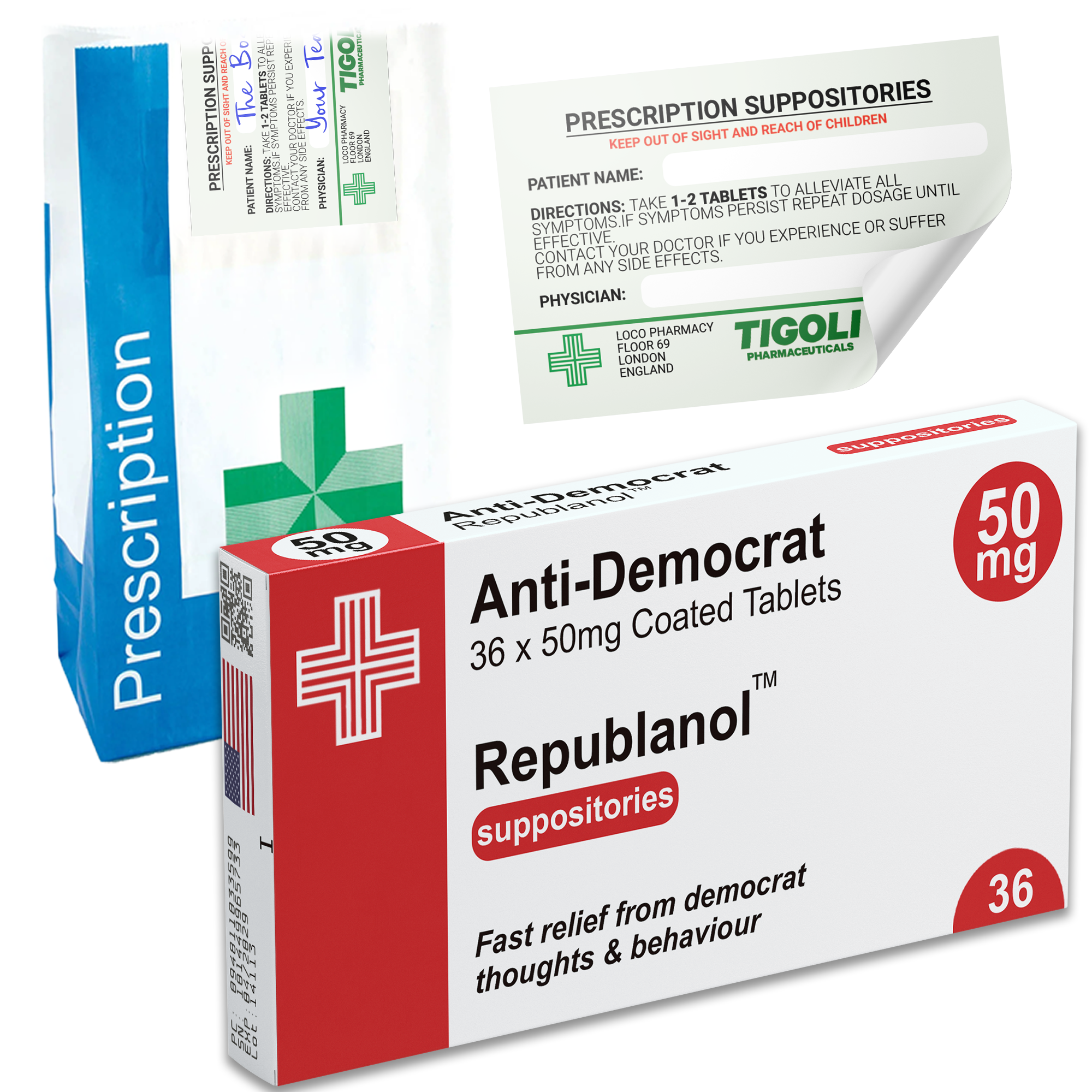 Caja de pastillas antidemócratas con receta médica, broma divertida y realista + bolsa de recetas gratis  Imagen principal del producto