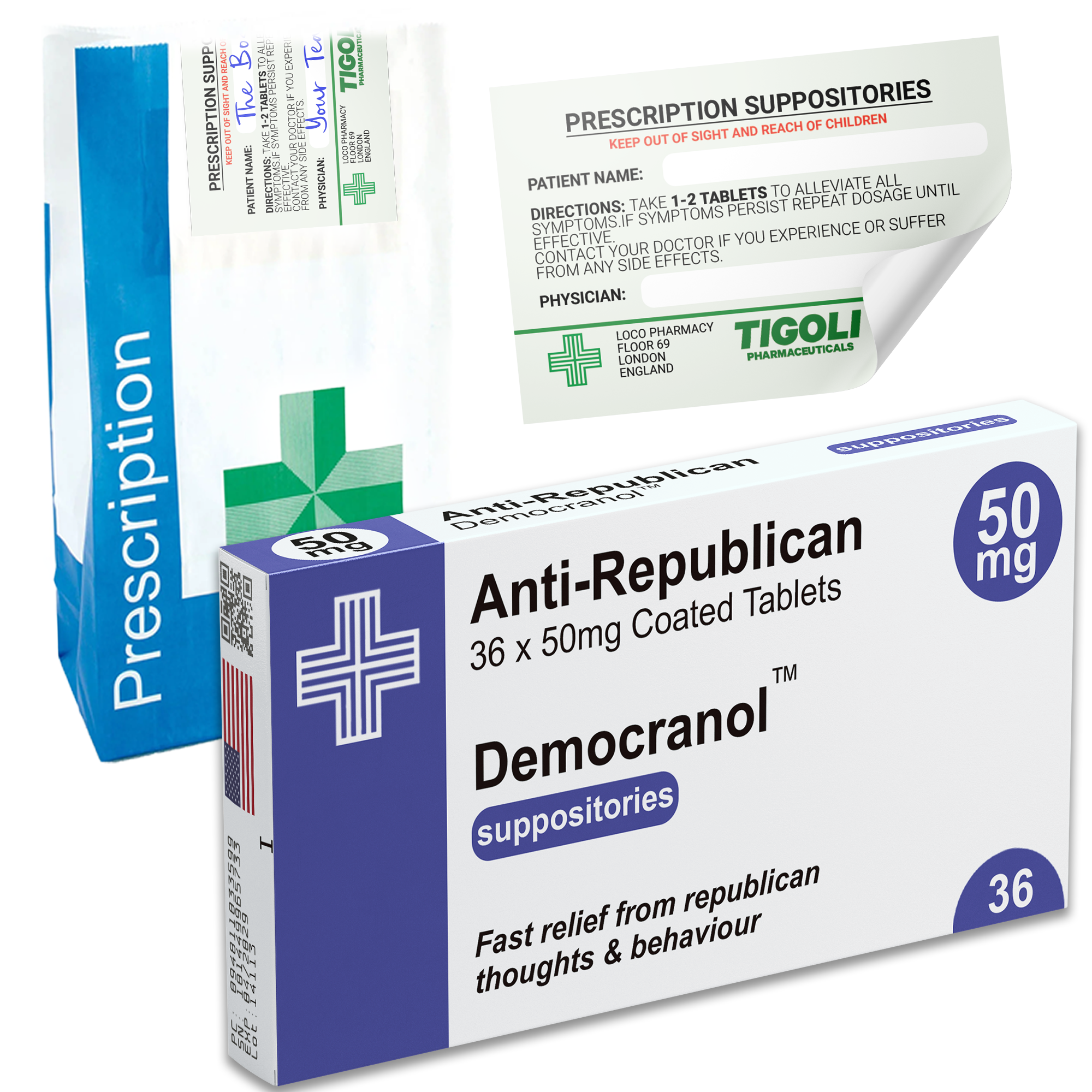 Caja de pastillas antirrepublicanas con receta médica, broma divertida y realista + bolsa de recetas gratis  Imagen principal del producto