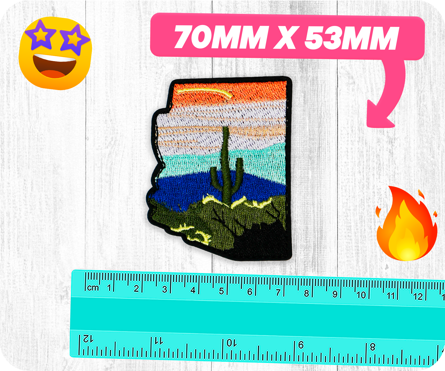 Arizona State Shape & Cactus Desert Iron On Patch (7 x 5.3cm)