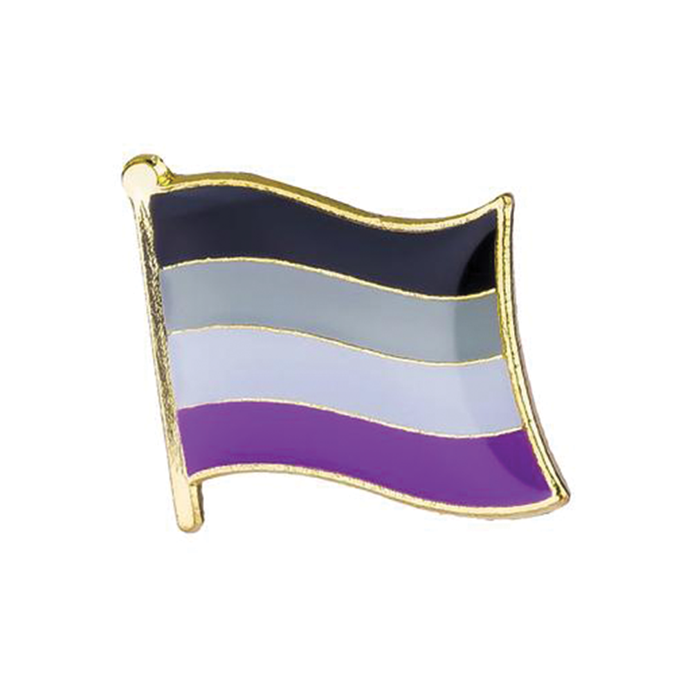An enamel pin badge featuring the Asexual flag with a metal butterfly clutch, primarily in purple and blue colors. © Tigoli® 2026 All Rights Reserved Panda Loco Ltd 