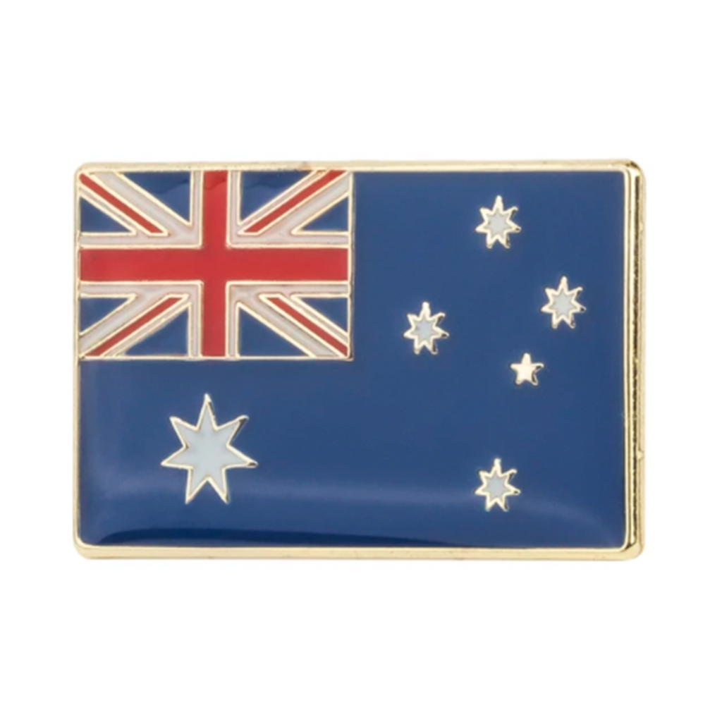 A rectangular pin badge featuring the flag of Australia with a blue background, white crosses, and a yellow emblem in the center.