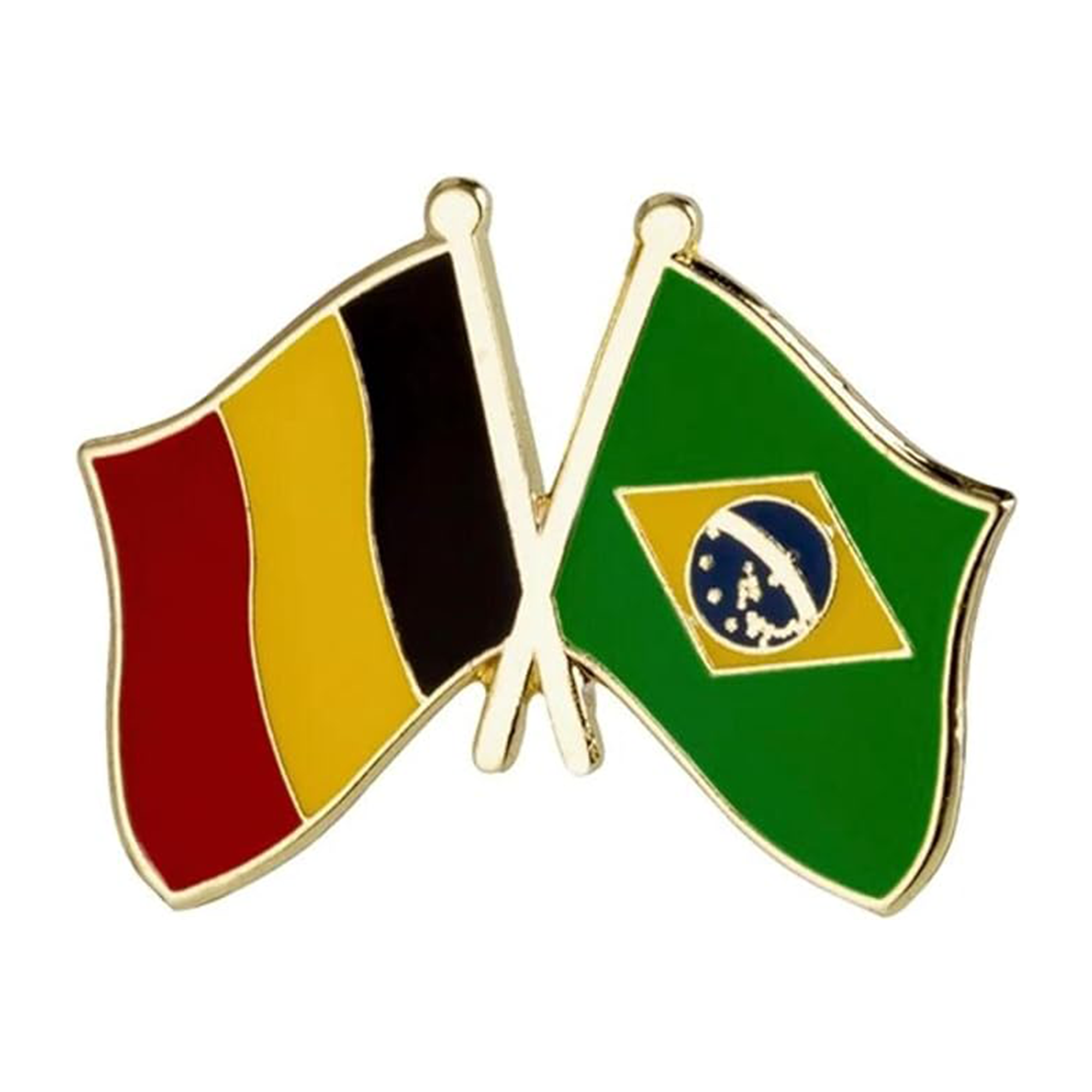 A pin badge featuring the flags of Belgium and Brazil with a butterfly clutch at the back, made of brass plated iron and hard enamel.