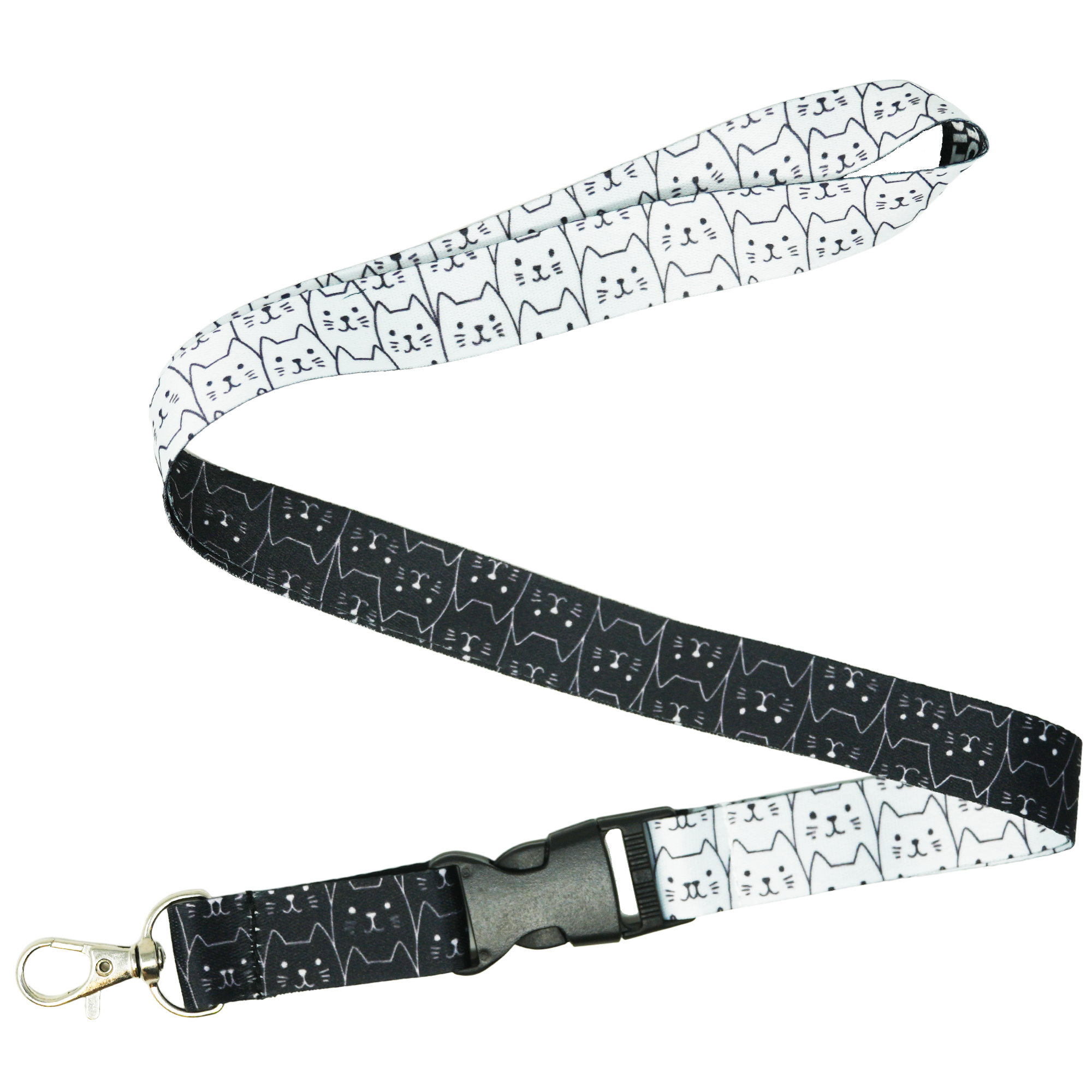 Black & White Cat Faces Lanyard – Minimalist Cat Print Double-Sided Neck Strap Main image