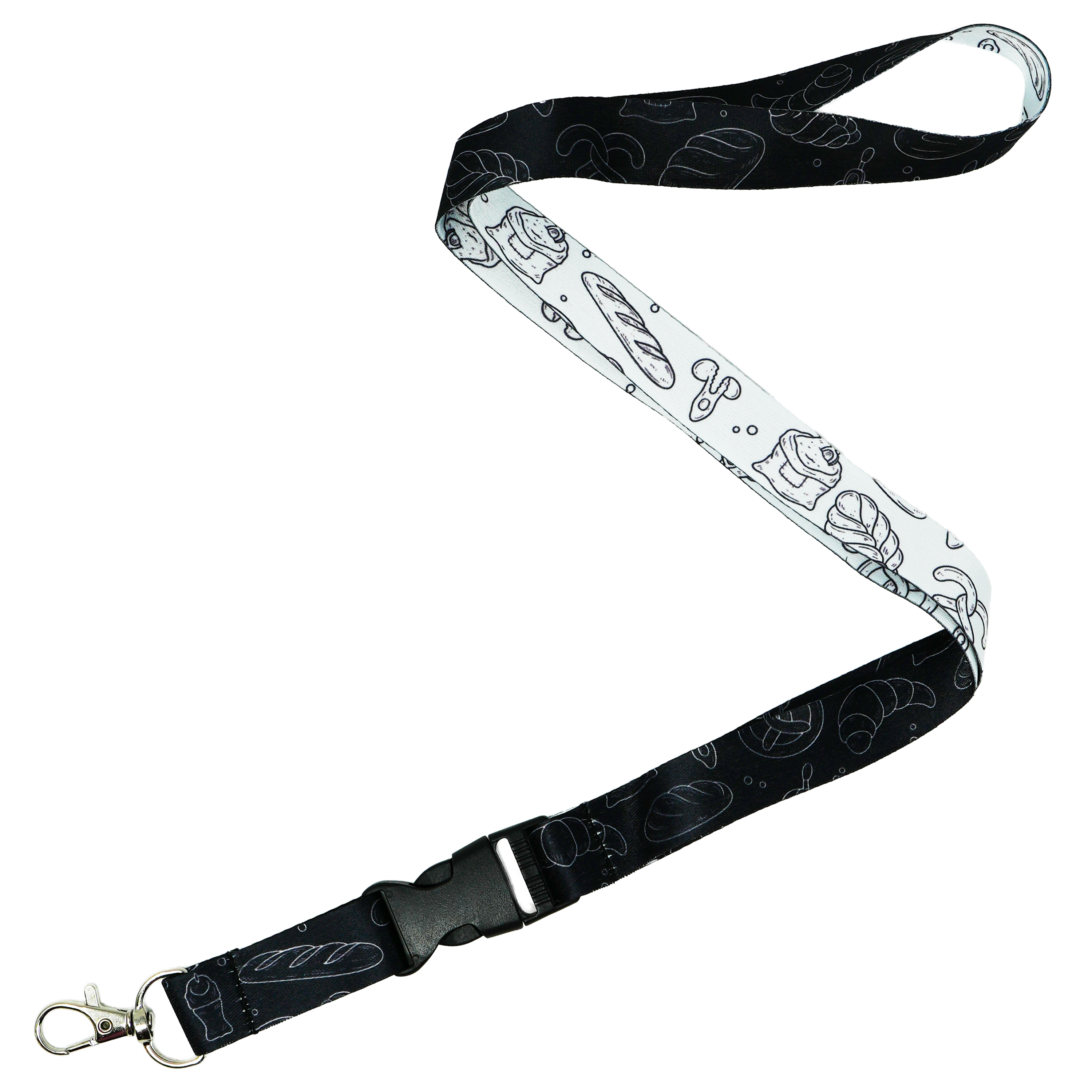 Baker’s Lanyard – Black & White Bread Pattern Neck Strap Main image