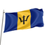 The flag of Barbados, featuring a yellow triangle with a trident on a blue background, is displayed on a flagpole.