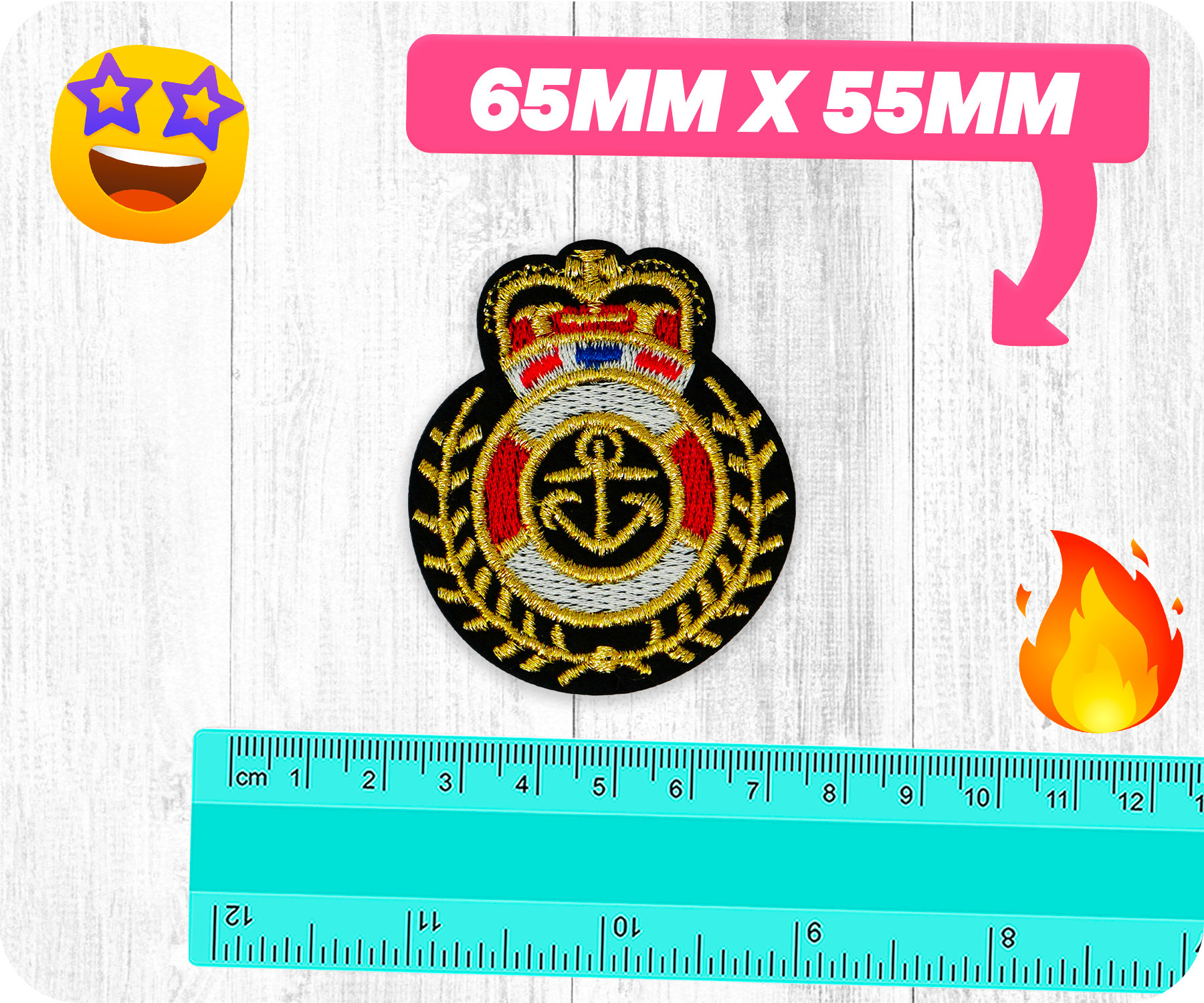 Navy Officer Cap Badge Buoy Crown Iron On Patch (6.5 x 5.5cm)