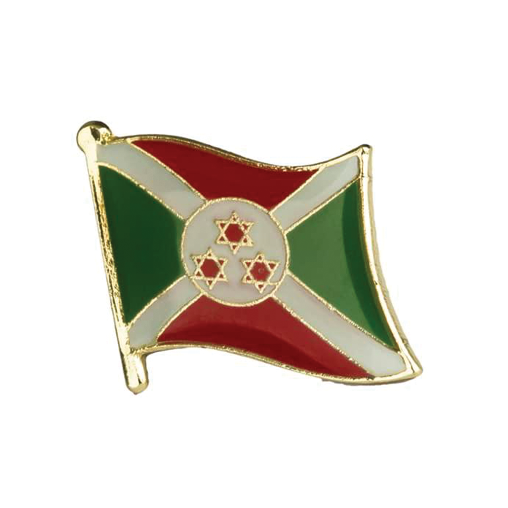 A pin badge featuring the Burundi flag with a metal butterfly clutch, predominantly green with red and yellow accents. © Tigoli® 2026 All Rights Reserved Panda Loco Ltd  Imagen principal del producto