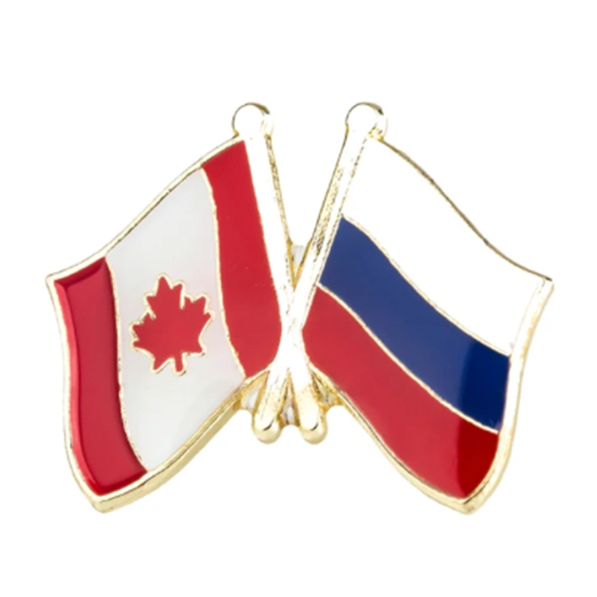 A badge featuring a design of the Canadian and Russian flags, with a red maple leaf and a stylized representation of the flags.