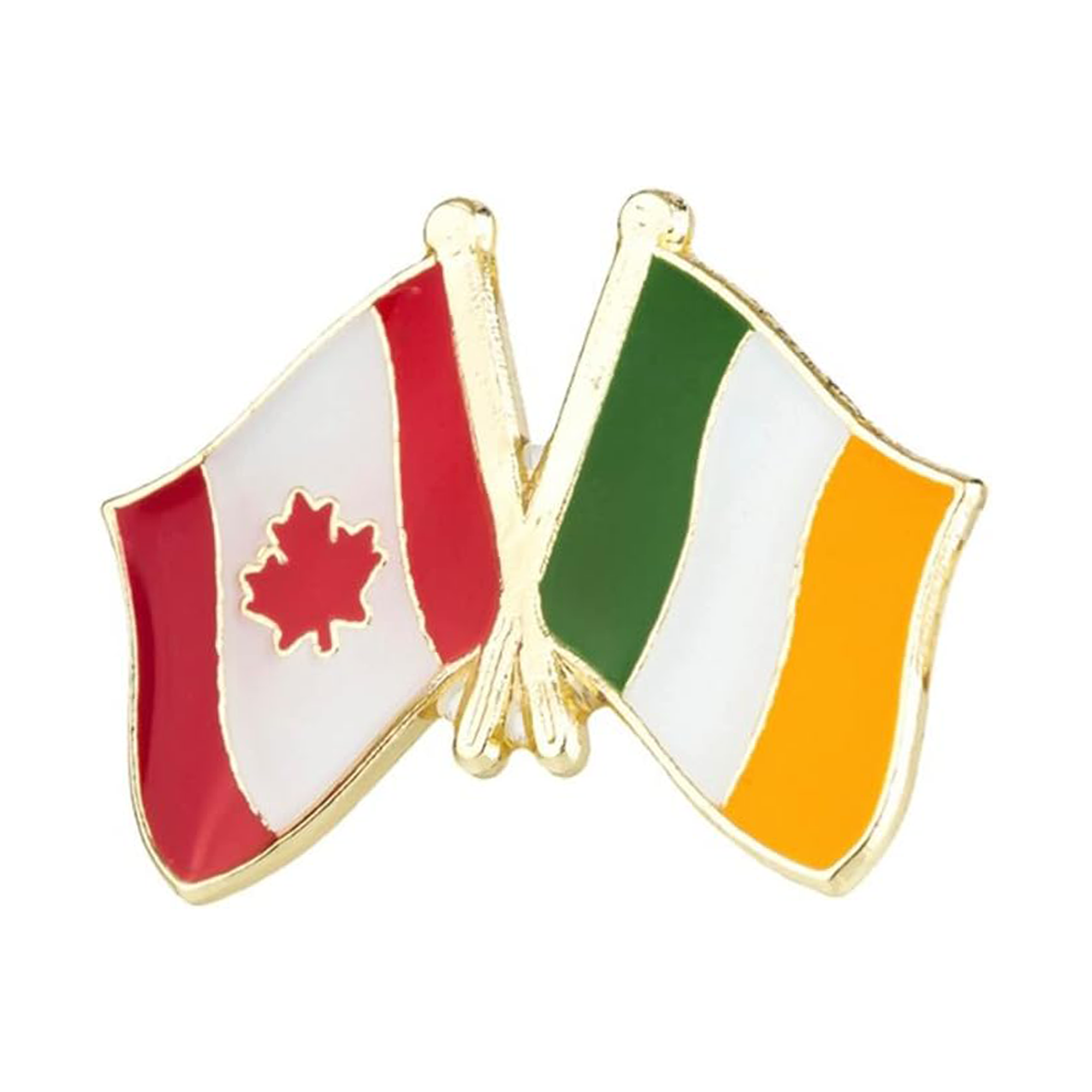 A pin badge featuring the flags of Canada and Ireland in enamel colors with a brass plated iron backing. Imagen principal del producto