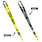 A collection of yellow and black lanyards with various humorous text designs, including 'Caution! Insanely Funny Lanyard' and 'Video Gaming Queen'. One lanyard features a detachable buckle.