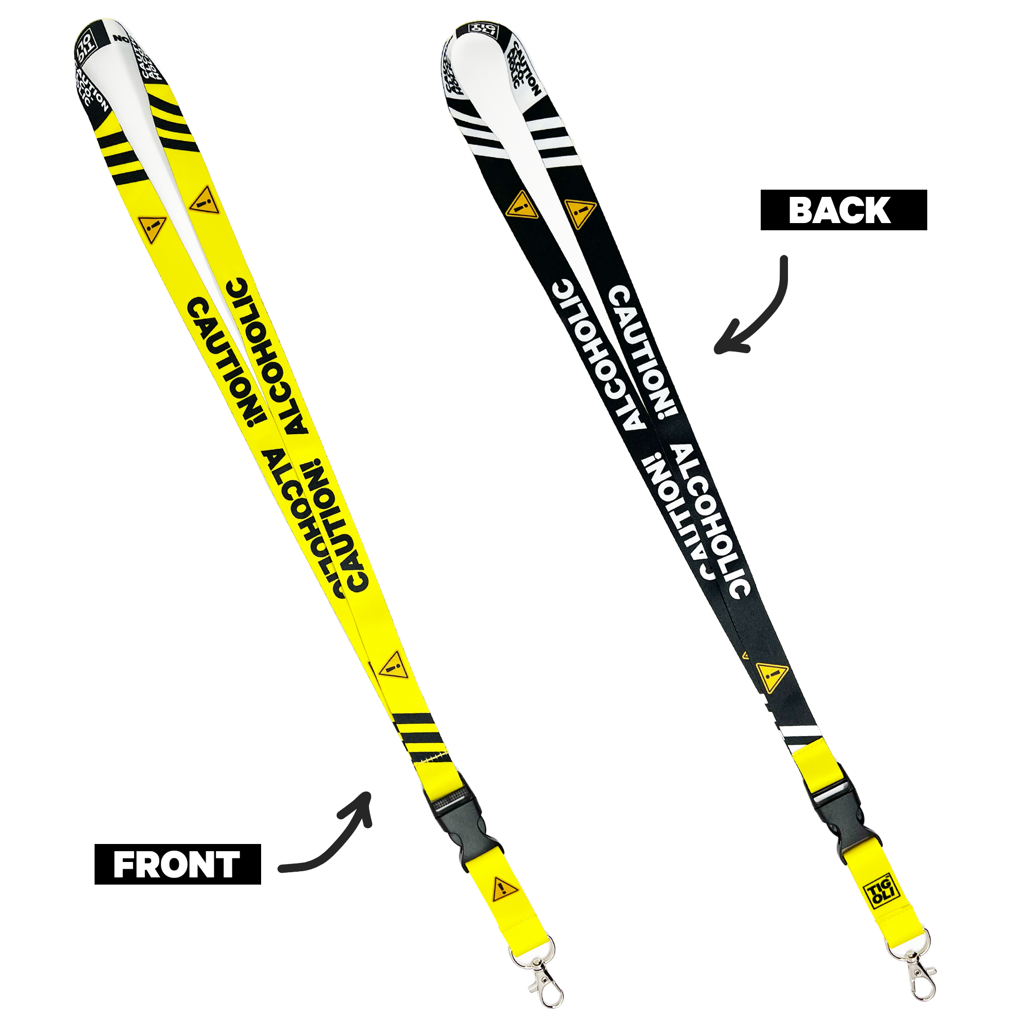 A collection of yellow and black lanyards with various humorous text designs, including 'Caution! Insanely Funny Lanyard' and 'Video Gaming Queen'. One lanyard features a detachable buckle.