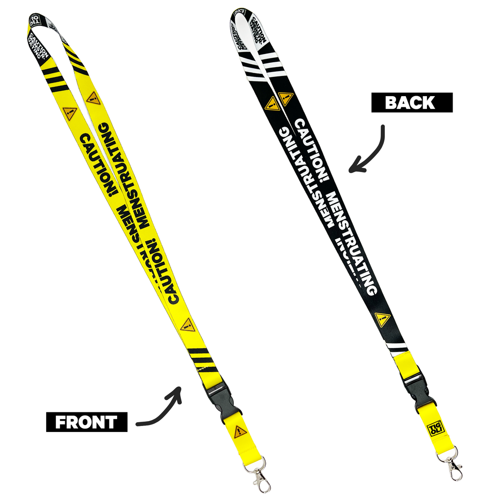 A collection of yellow and black lanyards with various humorous text designs, including 'Caution! Insanely Funny Lanyard' and 'Video Gaming Queen'. One lanyard features a detachable buckle.