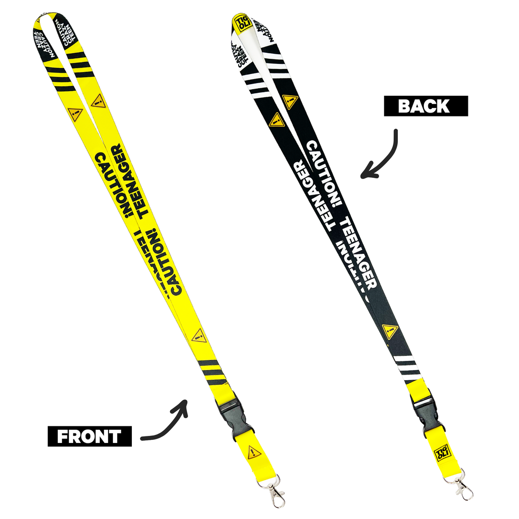 A collection of yellow and black lanyards with various humorous text designs, including 'Caution! Insanely Funny Lanyard' and 'Video Gaming Queen'. One lanyard features a detachable buckle.