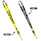 A collection of yellow and black lanyards with various humorous text designs, including 'Caution! Insanely Funny Lanyard' and 'Video Gaming Queen'. One lanyard features a detachable buckle.