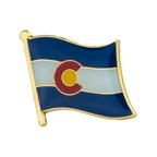 A pin badge featuring the Colorado U.S.A. State Flag with blue, red, and yellow colors on a gold-colored backing.