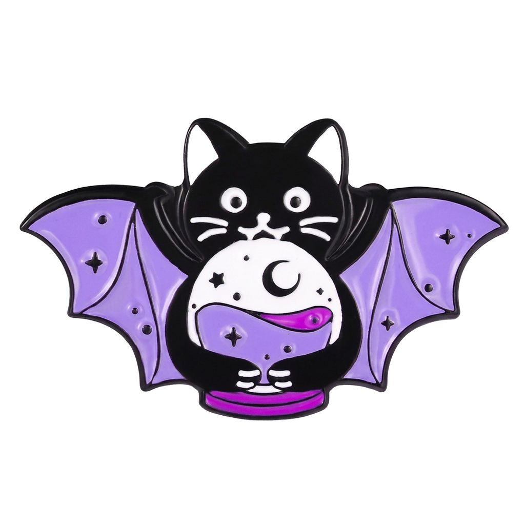 Black Cat Bat Wings Crystal Ball Enamel Lapel Pin Badge