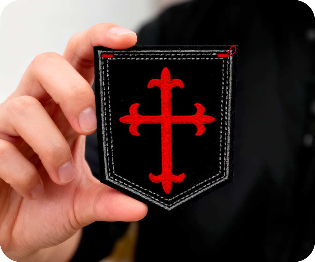 Gothic Crusader Red Cross On Black Shield Iron On Patch (9 x 7.5cm)