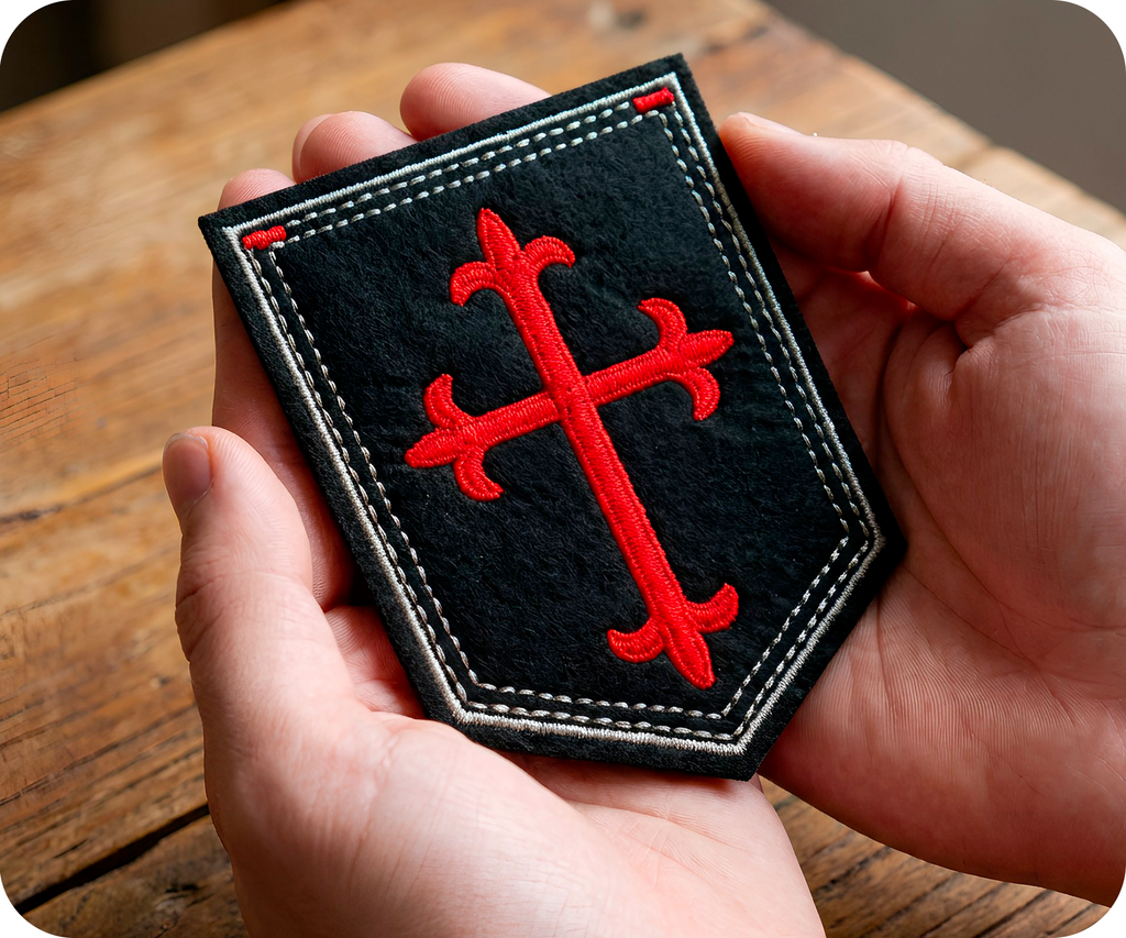 Gothic Crusader Red Cross On Black Shield Iron On Patch (9 x 7.5cm)