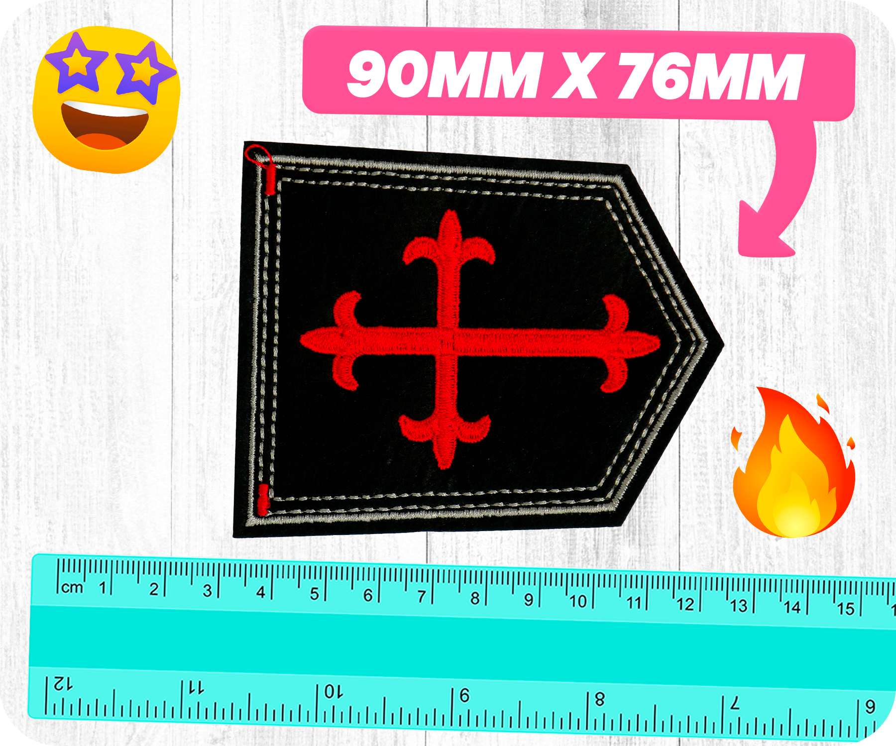 Gothic Crusader Red Cross On Black Shield Iron On Patch (9 x 7.5cm)