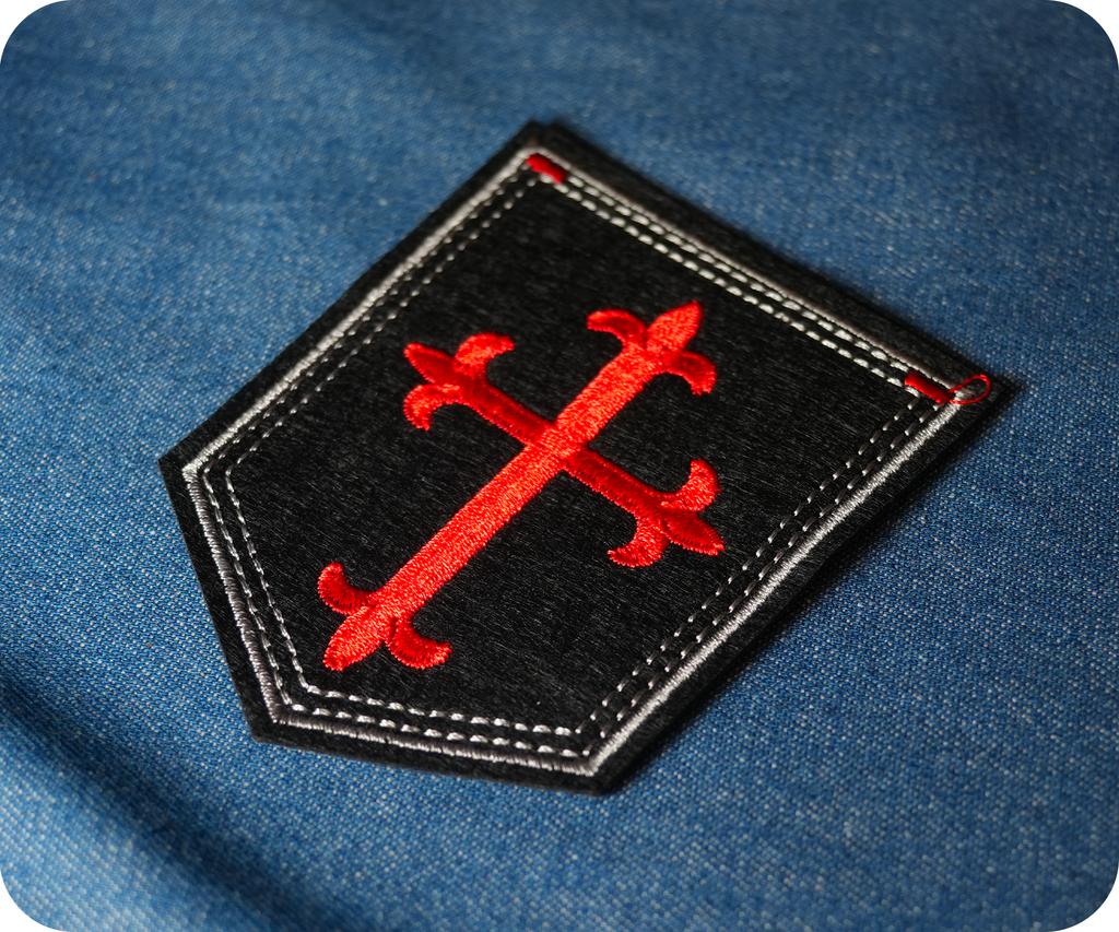 Gothic Crusader Red Cross On Black Shield Iron On Patch (9 x 7.5cm)