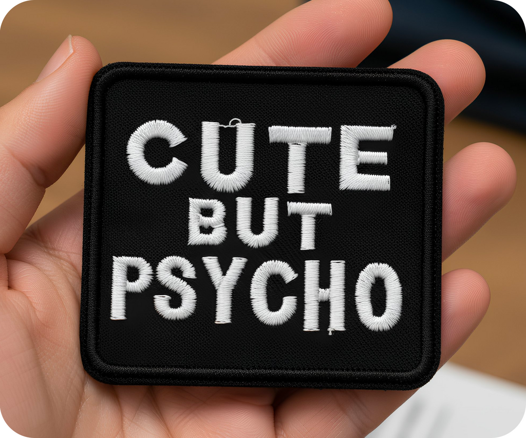 Cute But Psycho Black Iron On Patch (10 x 7cm)
