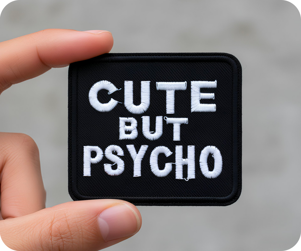 Cute But Psycho Black Iron On Patch (10 x 7cm)