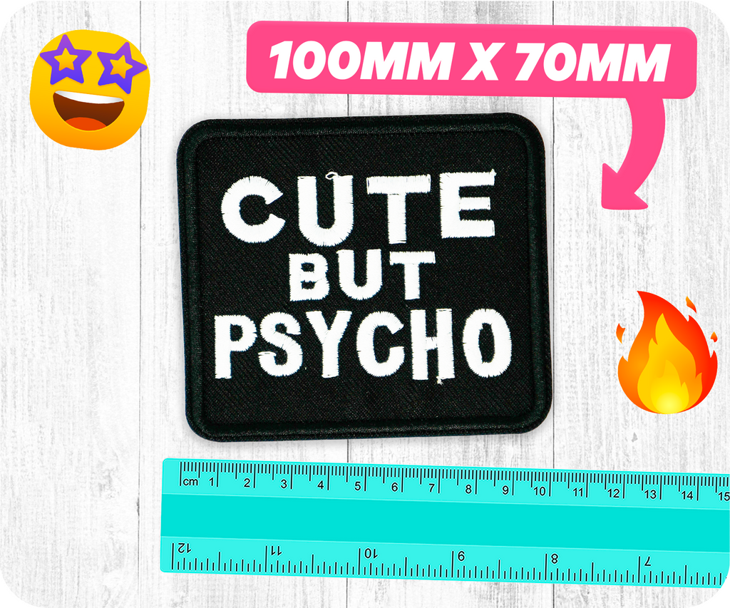 Cute But Psycho Black Iron On Patch (10 x 7cm)