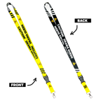 A collection of yellow and black lanyards with various humorous text designs, including 'Caution! Insanely Funny Lanyard' and 'Video Gaming Queen'. One lanyard features a detachable buckle.