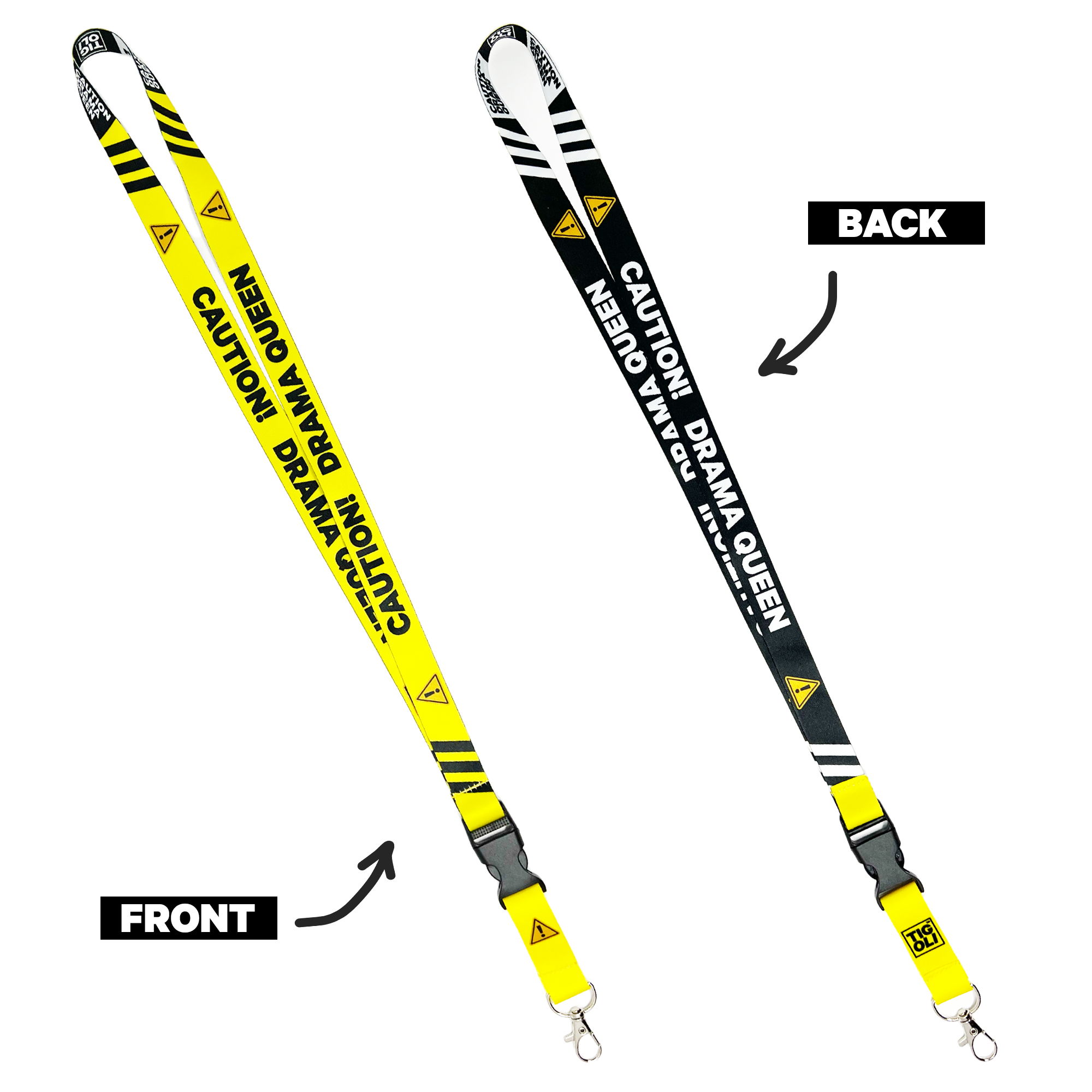 A collection of yellow and black lanyards with various humorous text designs, including 'Caution! Insanely Funny Lanyard' and 'Video Gaming Queen'. One lanyard features a detachable buckle.